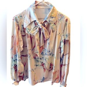 Vintage Cream/Green/Blue/Brown/Rust/Yellow Handmade Long Sleeve Bow Blouse-Med